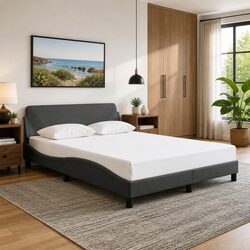 Double Bed Frame Grey Fabric Headboard 137x190 cm Bedroom Furniture With Slats