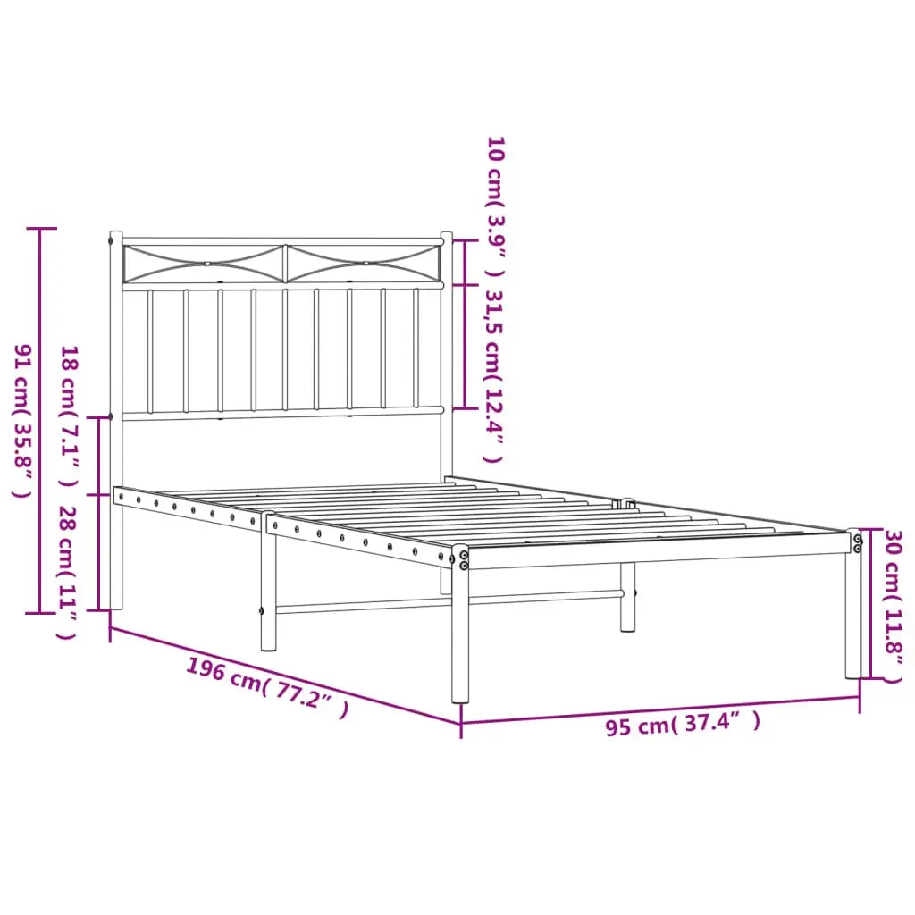 Metal Bed Frame with Headboard 90x190 cm White Powder-coated Steel