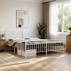 Metal Bed Frame King Size 183x203 cm with Footboard White Bedroom Furniture