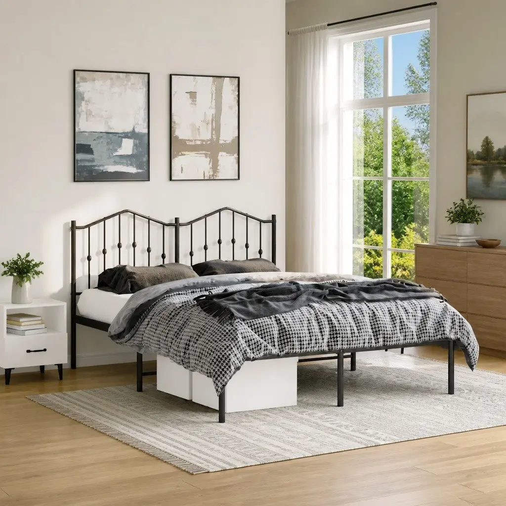 Metal Bed Frame with Headboard 135x190 cm Black Powder-coated Steel