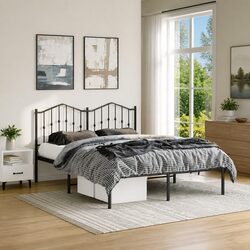 Metal Bed Frame 135x190 cm with Headboard Black Bedroom Furniture Steel Slats