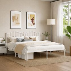 Metal Bed Frame King Size 183x203 cm with Headboard Slatted Base White