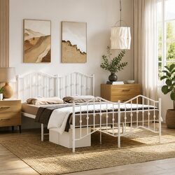 Metal Bed Frame White 135x190 cm with Footboard Headboard Storage Space