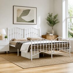 Metal Bed Frame 150x200 cm with Footboard Headboard White Bedroom Furniture