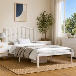 Metal Bed Frame 135x190cm with Headboard Slatted Base Black Bedroom Furniture