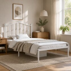 Metal Bed Frame 135x190cm with Headboard Slatted Base Black Bedroom Furniture