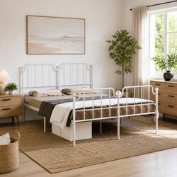 Metal Bed Frame 150x200 cm with Footboard Headboard White Bedroom Furniture