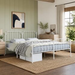 Metal Bed Frame King Size Bedroom Furniture with Headboard Footboard White