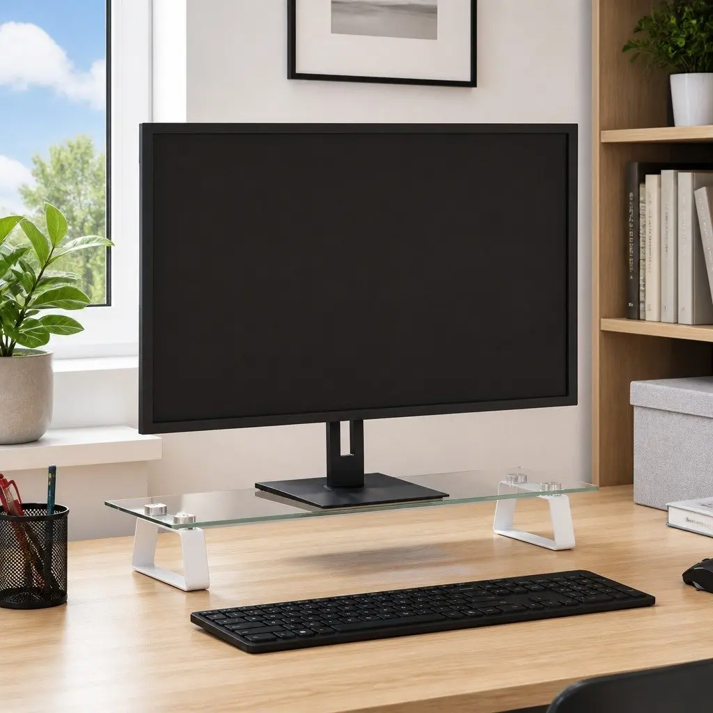 Monitor Stand White Tempered Glass Metal Computer Riser Desk Organiser Storage
