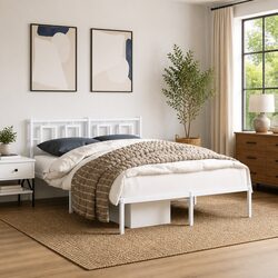Metal Bed Frame 135x190 cm with Headboard White Bedroom Furniture Slatted Base