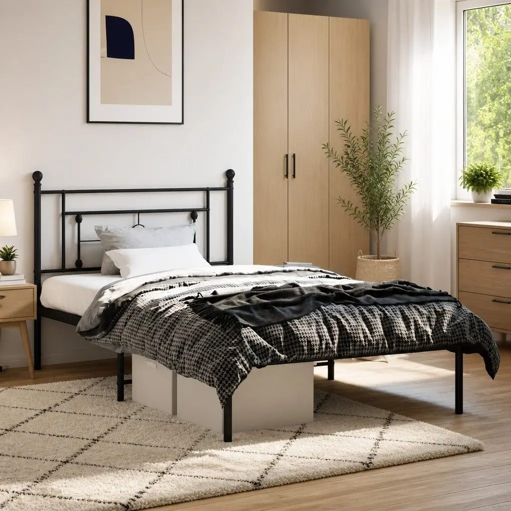 Metal Bed Frame King Single 107x203cm Black Powder-coated Steel with Headboard