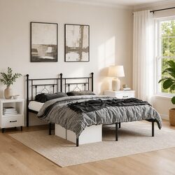 Metal Bed Frame 150x200 cm with Headboard Black Steel Bedroom Furniture