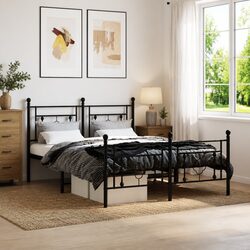 Metal Bed Frame 135x190 cm with Footboard Storage Space Black Bedroom Furniture