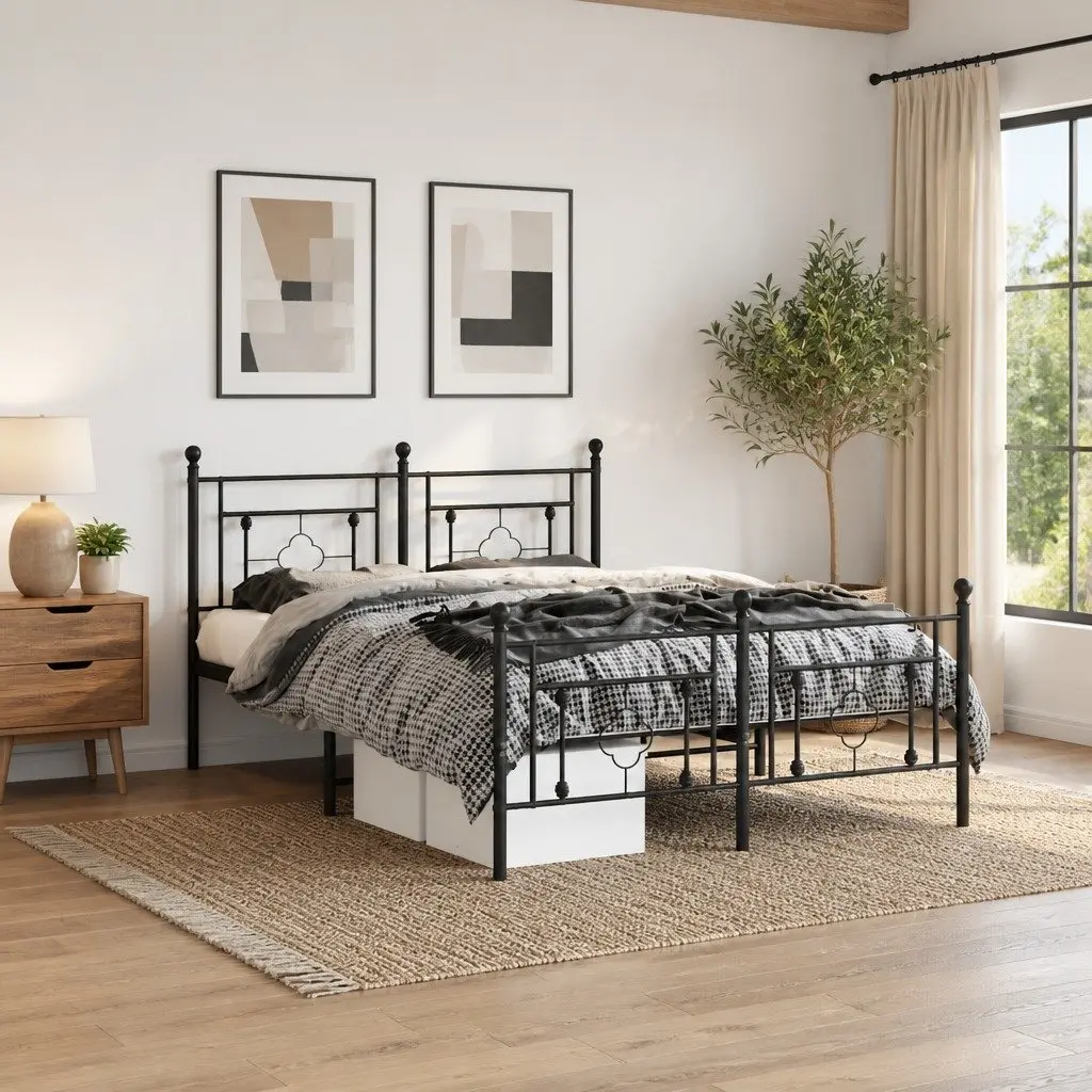 Metal Bed Frame with Headboard and Footboard 150x200 cm Black