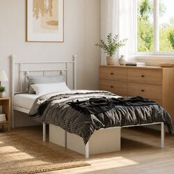 Metal Bed Frame with Headboard White 90x190 cm Bedroom Furniture Storage Space