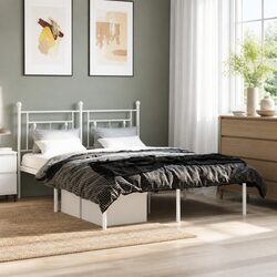 Metal Bed Frame 135x190cm White Bedroom Furniture with Headboard Slatted Base