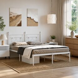 Metal Bed Frame with Headboard White 150x200 cm Bedroom Furniture Slatted Base