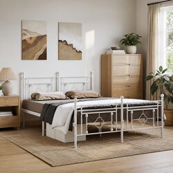 Metal Bed Frame with Footboard White 150x200cm Bedroom Furniture Slatted Base
