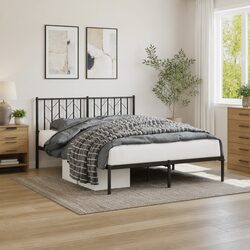 Metal Bed Frame with Headboard and Storage 135x190 cm Black Bedroom Furniture