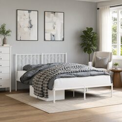 Metal Bed Frame 135x190 cm Bedroom Furniture with Headboard White Slatted Base