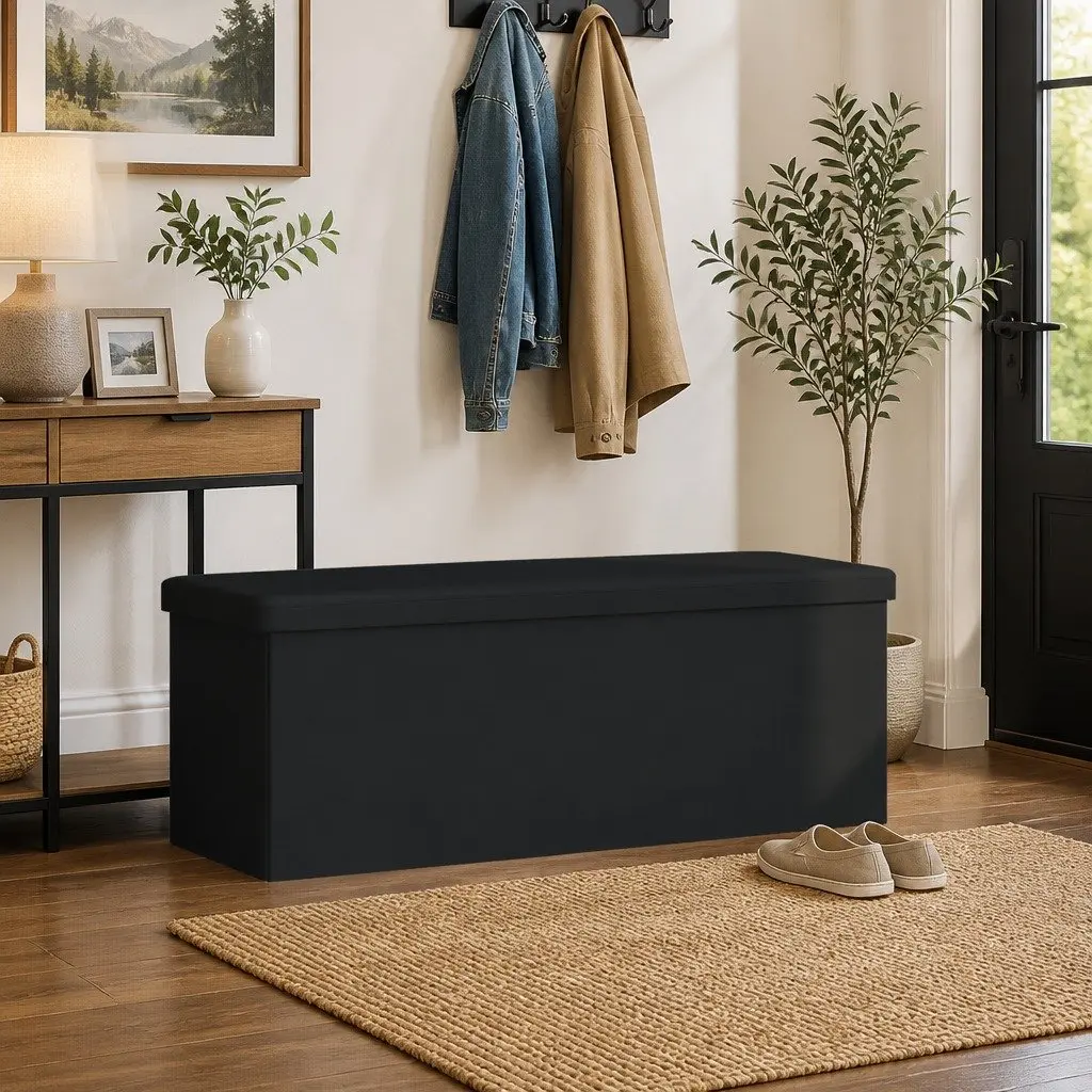 Storage Bench Foldable Black PVC Ottoman Furniture Box
