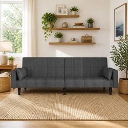 2-Seater Sofa Bed Convertible Daybed with Pillows Grey Fabric Sleeper Guest Bed