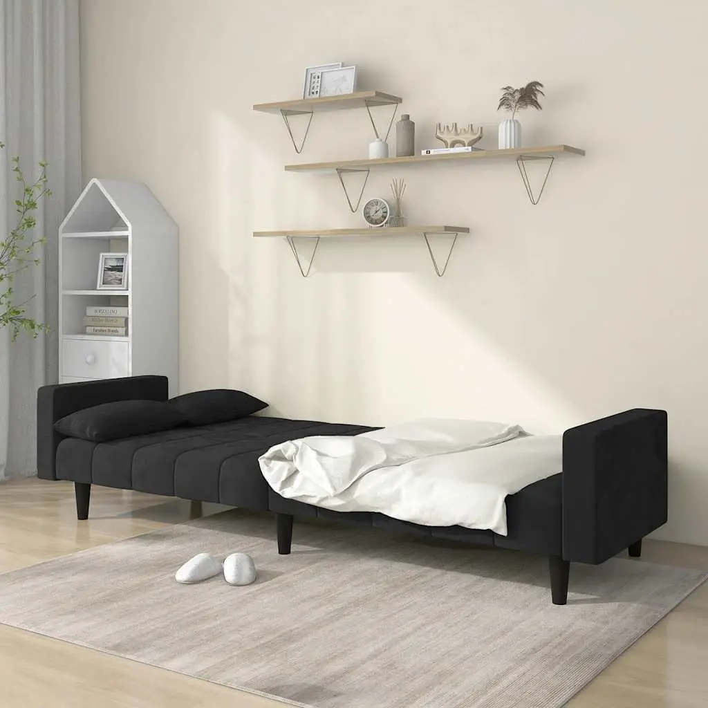 2-Seater Sofa Bed Convertible Black Velvet Guest Sleeper Couch
