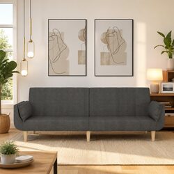 2-Seater Sofa Bed with Pillows Grey Fabric Convertible Day Bed Guest Sleeper
