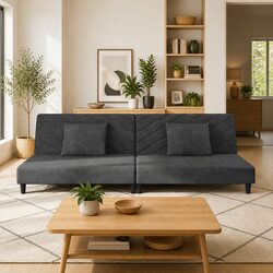 2-Seater Sofa Bed Grey Velvet Convertible Day Bed with Pillows Guest Sleeping