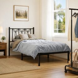 Metal Bed Frame with Headboard Black Bedroom Furniture Slat Base 90x190cm