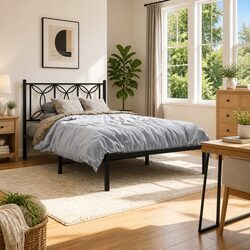 Metal Bed Frame King Single 107x203 cm with Headboard Storage Black Bedroom