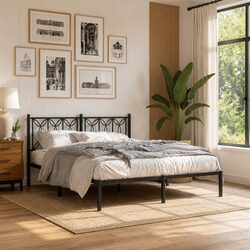 Metal Bed Frame 150x200 cm Black Headboard Steel Slats Centre Legs Storage