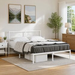 Metal Bed Frame with Headboard White 135x190 cm Slatted Base Storage