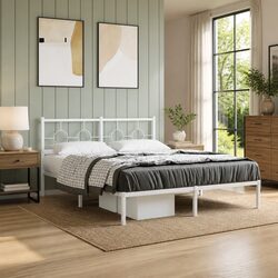 Metal Bed Frame 150x200 cm with Headboard Slatted Base White Bedroom Furniture