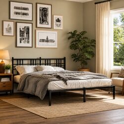 Metal Bed Frame with Headboard Black 150x200 cm Steel Slats Centre Support
