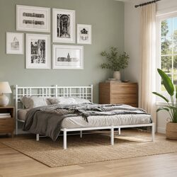 Metal Bed Frame White 150x200 cm Headboard Platform Bedroom Furniture
