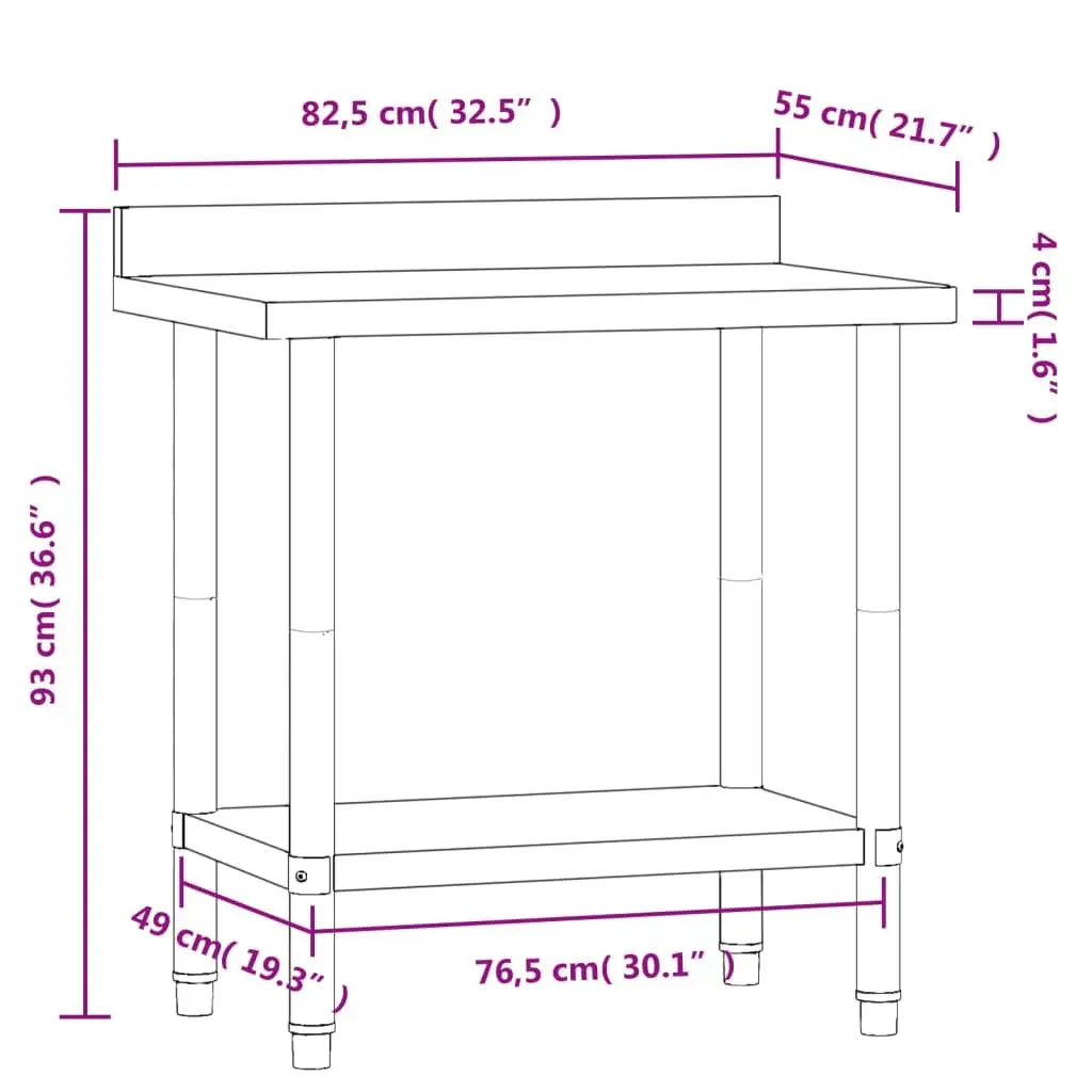 Stainless Steel Kitchen Work Table with Backsplash and Bottom Shelf 82.5 x 55 x 93 cm