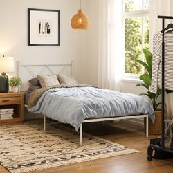 Metal Bed Frame 90x190 cm with Headboard Storage Space White Slatted Base