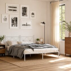 Metal Bed Frame with Headboard White 150x200 cm Bedroom Furniture Slatted Base