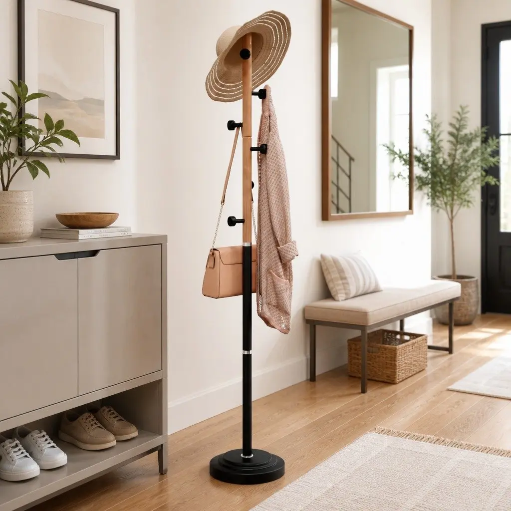 Coat Stand Iron Beech Wood 177cm Black 6 Hooks Storage Rack