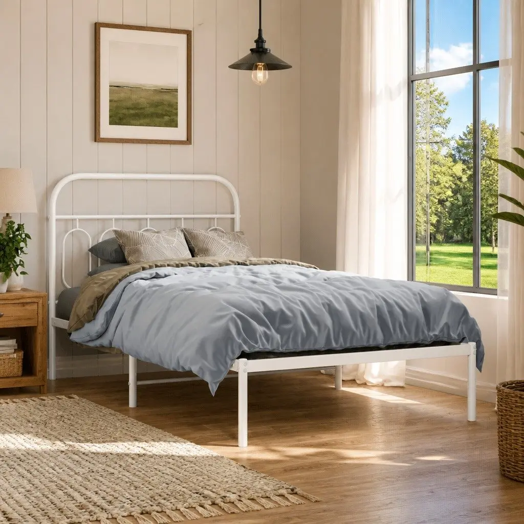 Metal Bed Frame King Single 107x203 cm White Steel Slats Headboard Storage