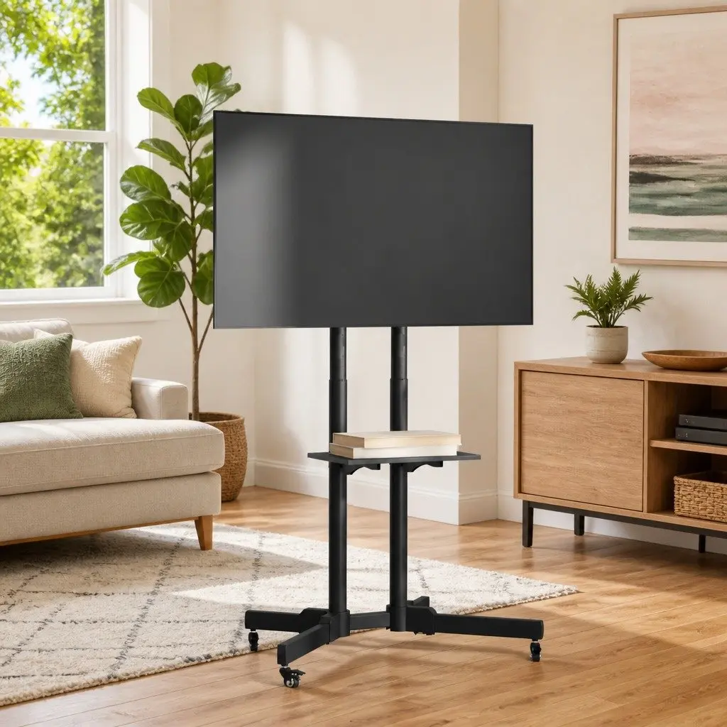 TV Stand on Wheels Height Adjustable Tilting for 32-70 Inch Screens Black Powder-coated Steel