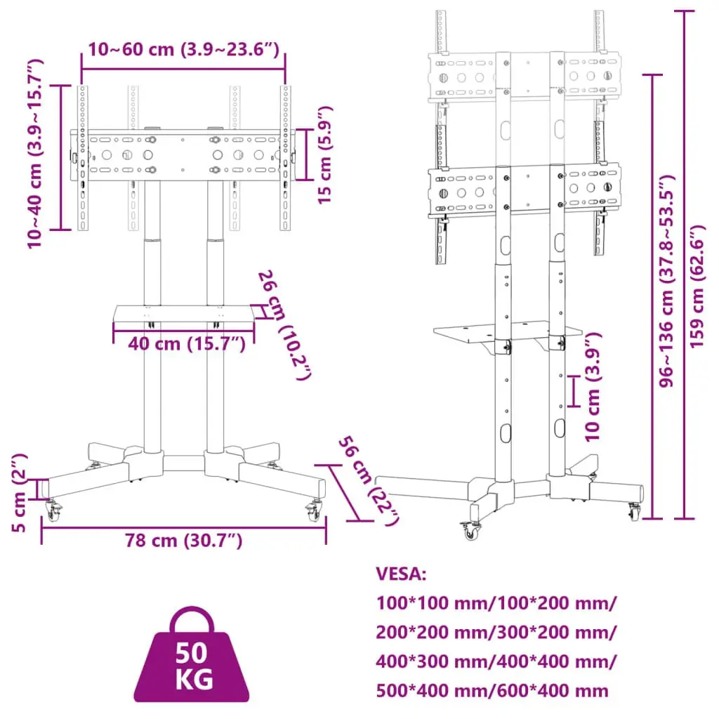 TV Stand on Wheels Height Adjustable Tilting for 32-70 Inch Screens Black Powder-coated Steel