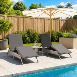 Sun Lounger Set 2 pcs with Side Table Grey Outdoor Garden Furniture Adjustable
