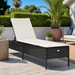 Sun Lounger with Cushion Black Poly Rattan Adjustable Backrest Outdoor Seating