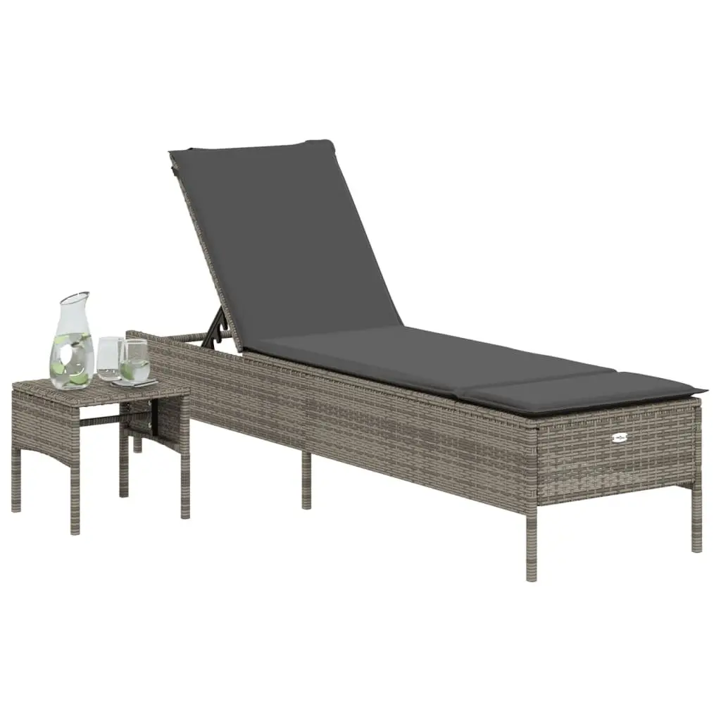 Sun Lounger Adjustable Backrest Side Table Grey Poly Rattan