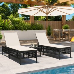 Sun Loungers 2 pcs with Table Black Outdoor Garden Furniture Adjustable Backrest