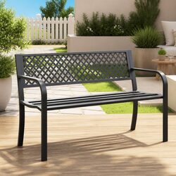 Black Garden Bench 119cm Outdoor Seating Backrest Armrests Patio Furniture