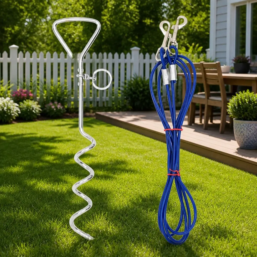 Dog Tie Out Cable 3m Steel Wire PVC Blue Outdoor Safety Tether
