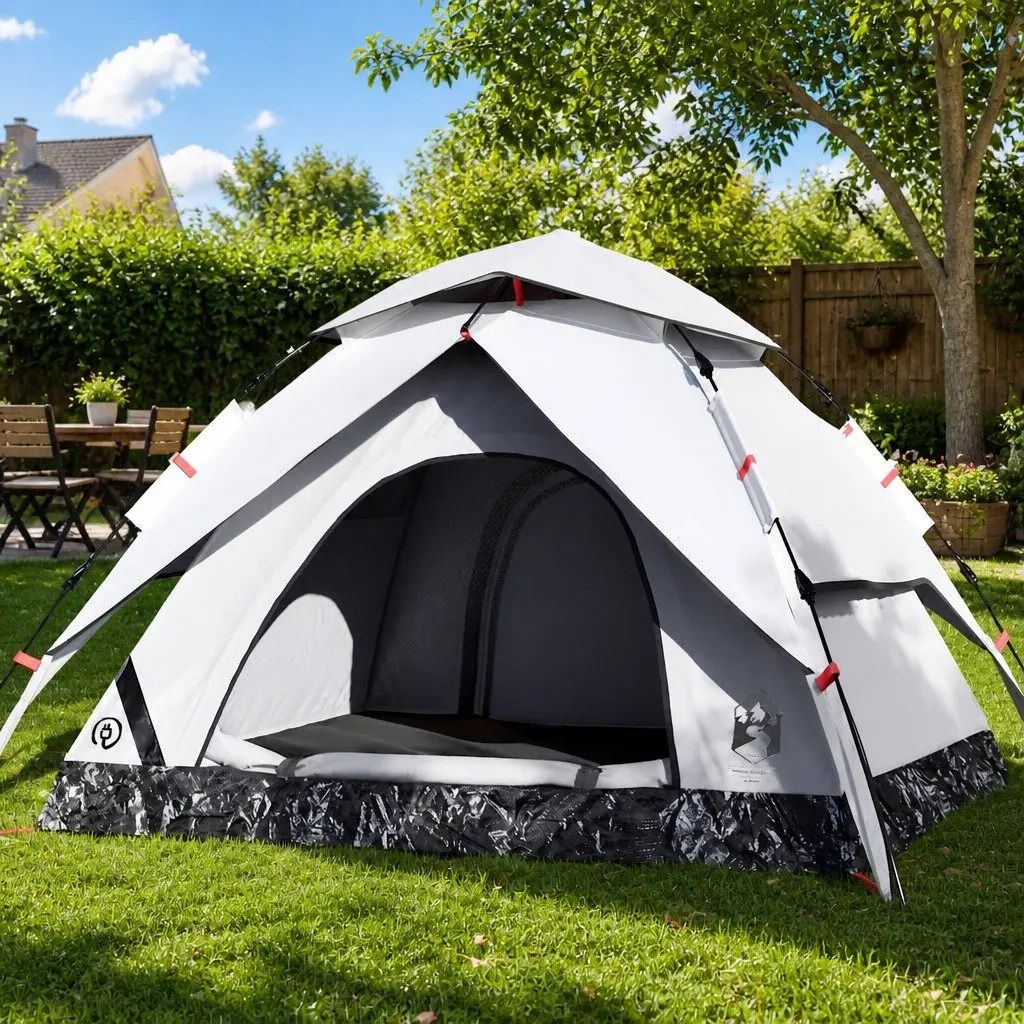 Camping Tent Dome Waterproof 4-Person White Blackout Fabric Quick Release Setup